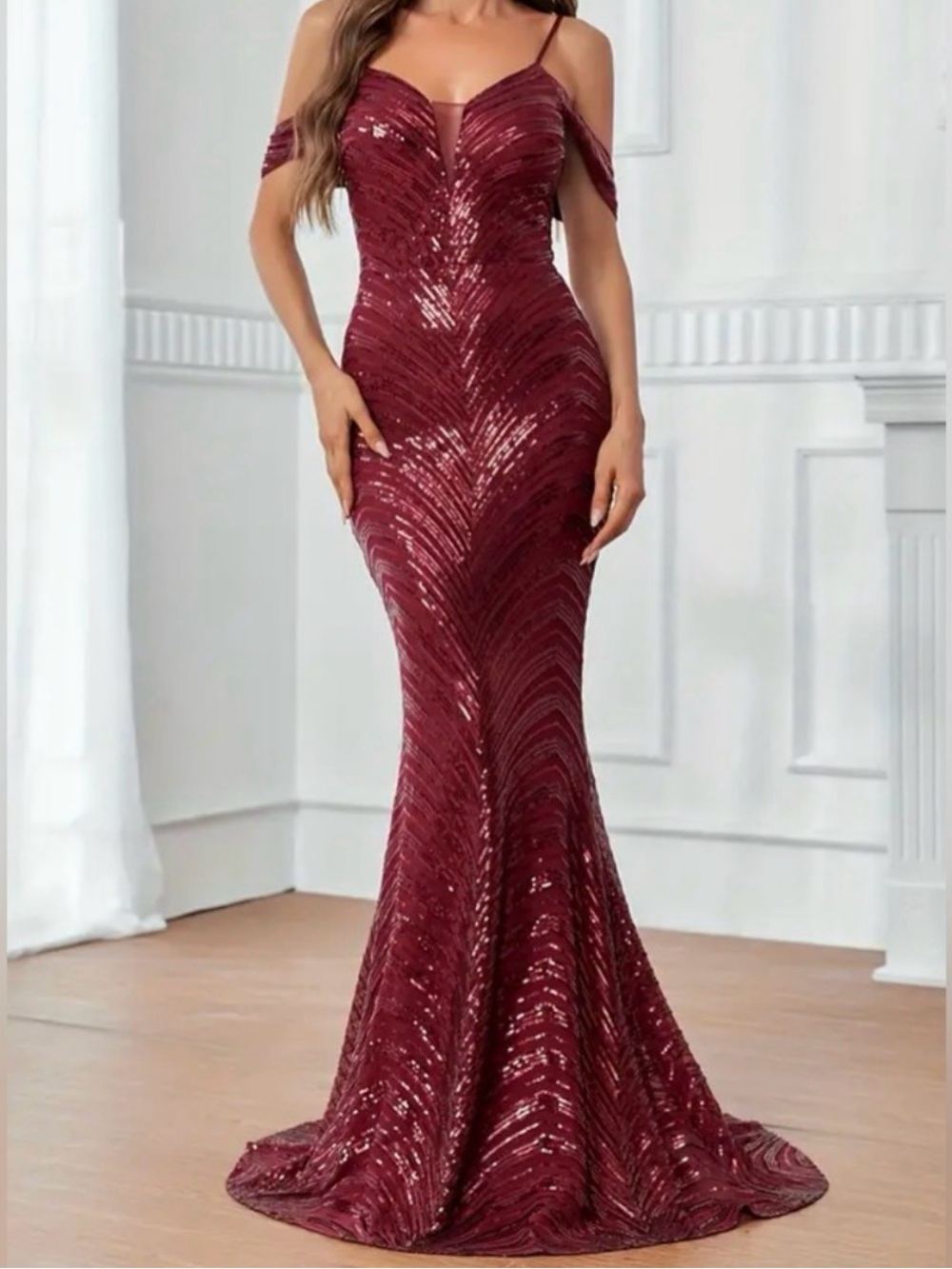 Elegant Off-Shoulder Sequin Mermaid Dress in Burgundy